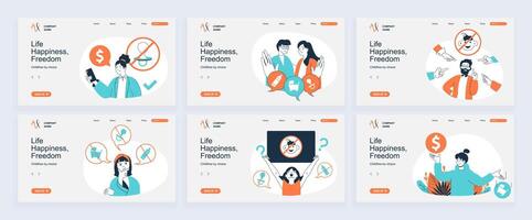 Childfree by choice concept of landing page with slide templates set in flat design. Website headers with people make decision not to have kids, save finance, denied parenthood. illustrations. vector