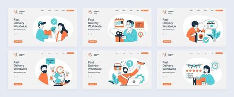 Delivery concept of landing page with slide templates set in flat design. Website headers with people get parcel from courier, ordering shipping, using food logistics service. illustrations. vector