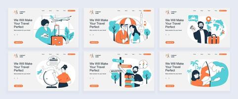 Travel concept of landing page with slide templates set in flat design. Website headers with people go in vacation, travelling in couple, booking tickets, planning global trip. illustrations. vector