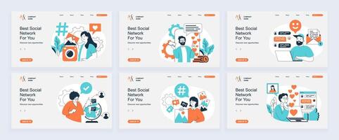 Social network concept of landing page with slide templates set in flat design. Website headers with people posting photos with hashtags, making live streams, online chatting. illustrations. vector