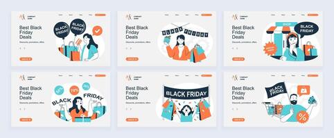 Black friday shopping concept of landing page with slide templates set in flat design. Website headers with people making purchases with special discount prices on season sale. illustrations. vector