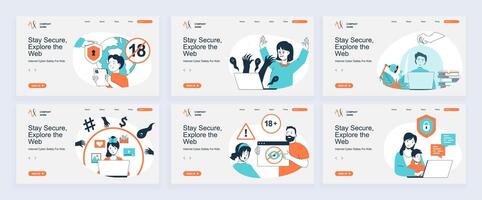 Internet cyber safety for kids concept of landing page with slide templates set in flat design. Website headers with people protect children online privacy with parental control. illustrations. vector