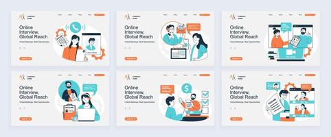 Online job interview concept of landing page with slide templates set in flat design. Website headers with people search new employee, interview candidates by and hiring. illustrations. vector