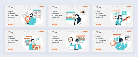 Digital business concept of landing page with slide templates set in flat design. Website headers with people create content plan, using marketing tools for attract clients. illustrations. vector