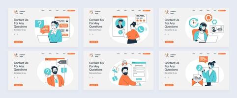 Contact us concept of landing page with slide templates set in flat design. Website headers with people answering calls, chatting with clients, give info solve customer problems. illustrations. vector