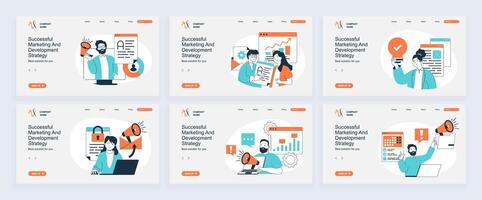 Marketing and development concept of landing page with slide templates set in flat design. Website headers with people analyzing data, creating advertising promotion strategy. illustrations. vector