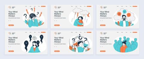 Mental health problem concept of landing page with slide templates set in flat design. Website headers with people feeling negative emotions, crying, stress and nervous illness. illustrations. vector