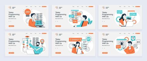Programming concept of landing page with slide templates set in flat design. Website headers with people coding on computer, creating scripts and algorithms, developing programs. illustrations. vector