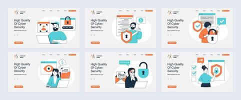 Cyber security concept of landing page with slide templates set in flat design. Website headers with people using online protection system with identify and firewall shield. illustrations. vector
