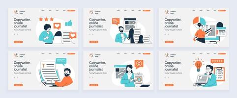 Copywriter concept of landing page with slide templates set in flat design. Website headers with people working as online journalists, write articles, make posts in social media. illustrations. vector