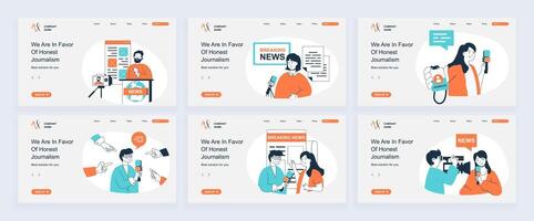 Journalism concept of landing page with slide templates set in flat design. Website headers with people talk break news in tv show, take interview or comments with journalist id. illustrations. vector