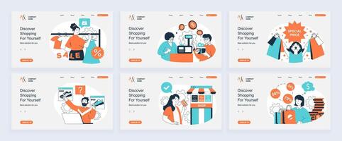 Shopping concept of landing page with slide templates set in flat design. Website headers with people ordering, making purchases and paying at checkout, getting discount coupons. illustrations. vector
