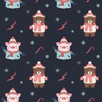 Seamless pattern with warm clothed bear and pig. Cartoon winter animals pattern. Xmas backgrounds. vector