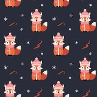 Seamless pattern with warm clothed fox. Christmas Winter backgrounds. Cartoon animals pattern. vector