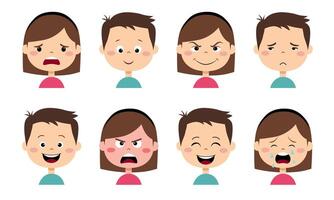 Children's faces with emotions of joy, anger, curiosity, sadness, cunning. Different face expressions set. vector