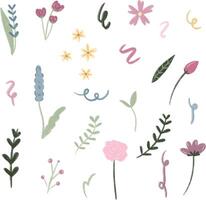 a collection of different flowers and leaves.doodle style pastel color collection vector