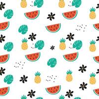 Watermelon, pineapples and leaves pattern vector