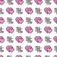 A seamless Valentine pattern on a white background featuring pink pixel hearts with black outlines and tic-tac-toe elements. Perfect for wallpaper or fabric. vector