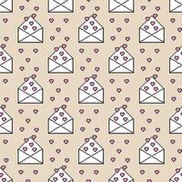 A seamless pattern featuring pixel icons of love letters and hearts in a retro 8-bit style, perfect for Valentine's Day prints and designs. vector