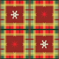 A festive Christmas inspired plaid pattern featuring red and green squares, snowflakes, and vibrant red stars. Ideal for digital use in holiday graphics, scrapbooking, and greeting card designs vector
