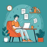 A young freelancer boy with Working a laptop at a personal home desk, working from home at a relaxed pace vector
