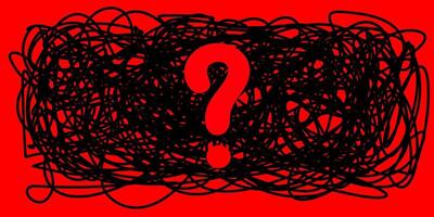 Tangle bubble of confused thoughts with question mark. linear drawing doodle on red background. Psychological concept of problem solving. Continuous tangled line. vector