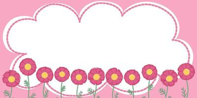 Spring cute pink flowers seamless frame, greeting card with season elements, flat design isolated on white background. vector