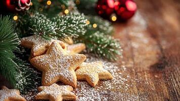 Festive star-shaped cookies with powdered sugar on rustic wooden table, evergreen branches and ornaments, celebrating a cozy merry christmas and happy new year video
