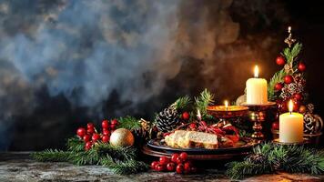 Cozy festive table setting with candles, pine cones, ornaments, and seasonal treats on rustic background, celebrating merry christmas and happy new year video
