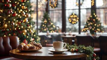 Cozy cafe table with coffee and pastries, christmas trees and festive lights in background, warm holiday atmosphere, merry christmas and happy new year video