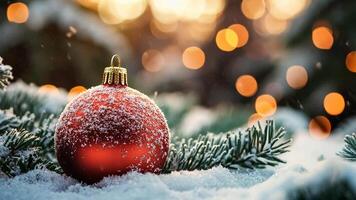 Red christmas ornament on snowy pine branch with warm bokeh lights in background, celebrating a joyful merry christmas and happy new year video