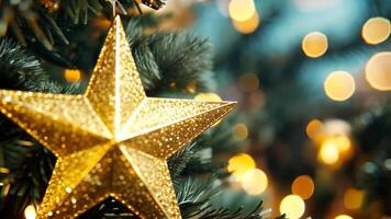 Golden star ornament on pine tree with festive lights in soft focus for merry christmas and happy new year celebration video