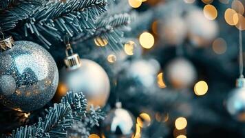 Sparkling silver christmas ornaments on pine tree with warm holiday lights in soft focus, celebrating merry christmas and happy new year video