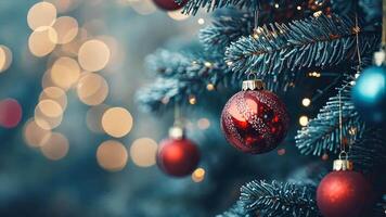 Close-up of christmas tree with red baubles and sparkling lights, celebrating merry christmas and happy new year video