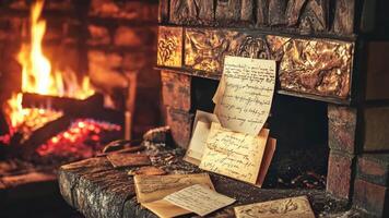 acolhedor lareira com escrito a mão cartas e caloroso brilho criando festivo atmosfera, a comemorar alegre Natal e feliz Novo ano video