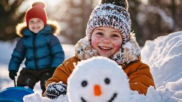 Joyful children playing in snow with snowman, winter fun and smiles in the sunlight, celebrating merry christmas and happy new year video