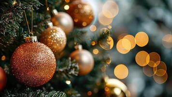 Close-up of festive gold and bronze christmas ornaments on tree with warm bokeh lights in background, celebrating merry christmas and happy new year concept video