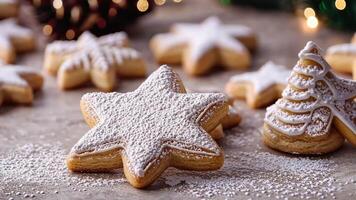 Delicious powdered star and tree shaped christmas cookies on rustic background for merry christmas and happy new year video