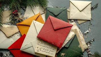 Vintage envelopes with festive decorations and evergreen branches on rustic wooden table, celebrating the concept of merry christmas and happy new year video