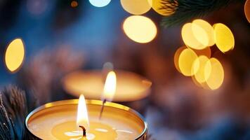 Glowing candle with warm light and bokeh in soft focus captures tranquil holiday spirit, merry christmas and happy new year video