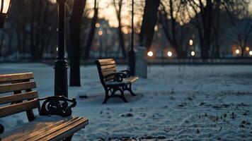 couvert de neige bancs dans une serein hiver parc à le coucher du soleil avec embrasé rue les lampes, capturer le essence de joyeux Noël et content Nouveau an. video