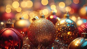 Glittering gold and red christmas ornaments with warm bokeh lights, celebrating merry christmas and happy new year video