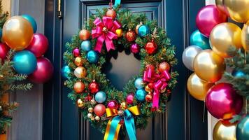Festive christmas wreath with colorful ornaments and bows on door celebrating the joy of merry christmas and happy new year video