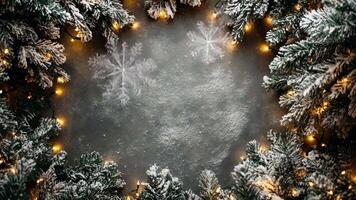 Festive christmas and new year background with snowy fir branches and warm fairy lights, merry christmas and happy new year video