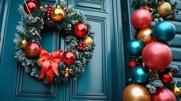 Elegant festive wreath and garland with colorful baubles on blue door for merry christmas and happy new year celebration video