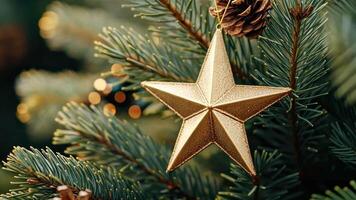 Golden star ornament hanging on pine tree branch with pinecone and festive lights in background for merry christmas and happy new year concept video