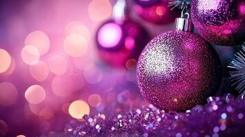 Sparkling pink christmas ornament on glittery surface with bokeh lights for a festive merry christmas and happy new year concept video