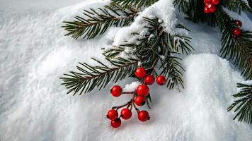 Snow-covered pine branches with red berries on white background celebrating merry christmas and happy new year video