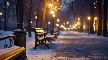 Serene winter park with snow-covered benches and glowing street lights creating a festive atmosphere, merry christmas and happy new year video