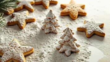 Delicious christmas cookies shaped like stars and trees with icing sugar on rustic table for a merry christmas and happy new year video